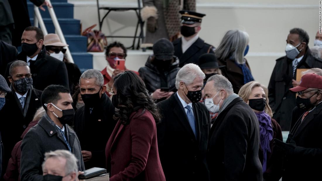 Former presidents Obama and Clinton are seen at the inauguration, as well as their spouses and new Senate Majority Leader Chuck Schumer.