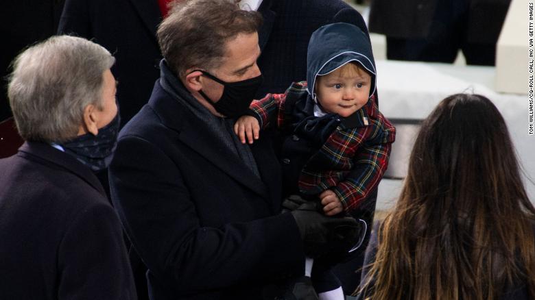 Hunter Biden and his son Beau, are seen at the inauguration before Hunter&#39;s father Joe Biden was sworn in as the 46th President of the United States on the West Front of the U.S. Capitol on Wednesday, January 20, 2021. Photo By Tom Williams/CQ-Roll Call, Inc via Getty Images
