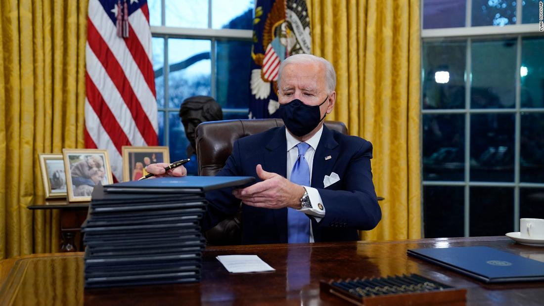 Biden &lt;a href=&quot;https://www.cnn.com/2021/01/20/politics/executive-actions-biden/index.html&quot; target=&quot;_blank&quot;&gt;signs executive orders&lt;/a&gt; in the Oval Office after his inauguration. &quot;There&#39;s no time to start like today,&quot; Biden told reporters as he began signing a stack of orders and memoranda. &quot;I&#39;m going to start by keeping the promises I made to the American people.&quot;