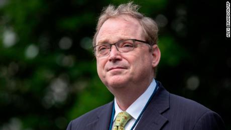 White House senior adviser Kevin Hassett speaks with reporters at the White House, Friday, June 19, 2020, in Washington. (AP Photo/Alex Brandon)