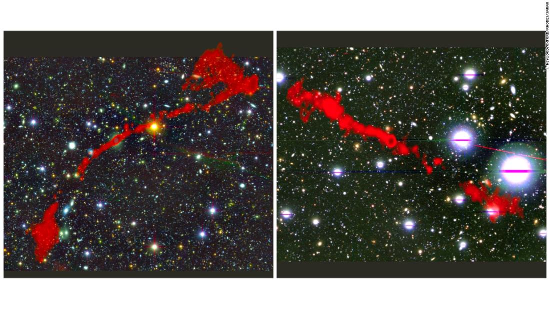 These images show two giant radio galaxies found with using the MeerKAT telescope. The red in both images shows the radio light being emitted by the galaxies against a background of the sky as it is seen in visible light.