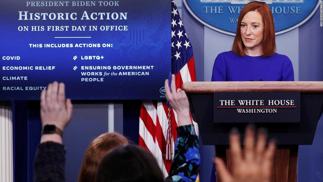 White House press secretary Jen Psaki takes questions from journalists after Biden&#39;s inauguration. Psaki confirmed that she would hold daily briefings. She told the reporters in the room that she would butt heads with them sometimes but that &quot;we have a common goal, which is sharing accurate information with the American people.&quot;