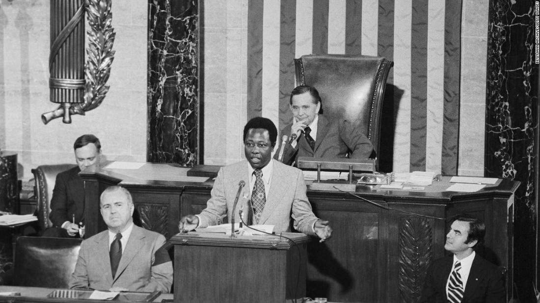 Aaron takes part in Flag Day ceremonies on the floor of the US House of Representatives in 1974.