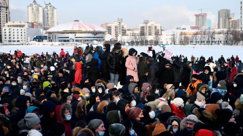 Supporters of Navalny take part in a rally in support of him in Yekaterinburg, Russia.