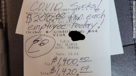 The customer, who&#39;d only been to the restaurant once before, wrote the message &quot;Covid Sucks!&quot; on the receipt.