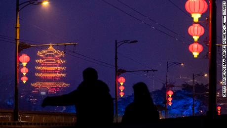 Red lanterns are hung around Wuhan's Yellow Crane Tower for the upcoming Lunar New Year.