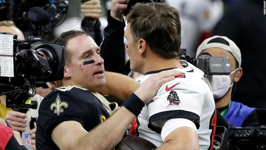 New Orleans quarterback Drew Brees congratulates Brady after the Buccaneers defeated Brees&#39; Saints in an NFL playoff game in January 2021. It was the first playoff game in NFL history to feature two starting quarterbacks in their 40s. Both players occupy the top two spots for many of the league&#39;s quarterback records.
