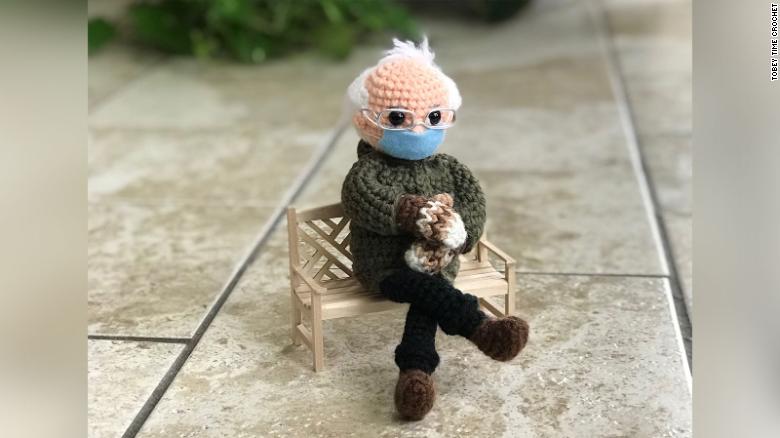 The viral meme of Bernie Sanders has been made into a crocheted doll, and it’s now being auctioned for charity