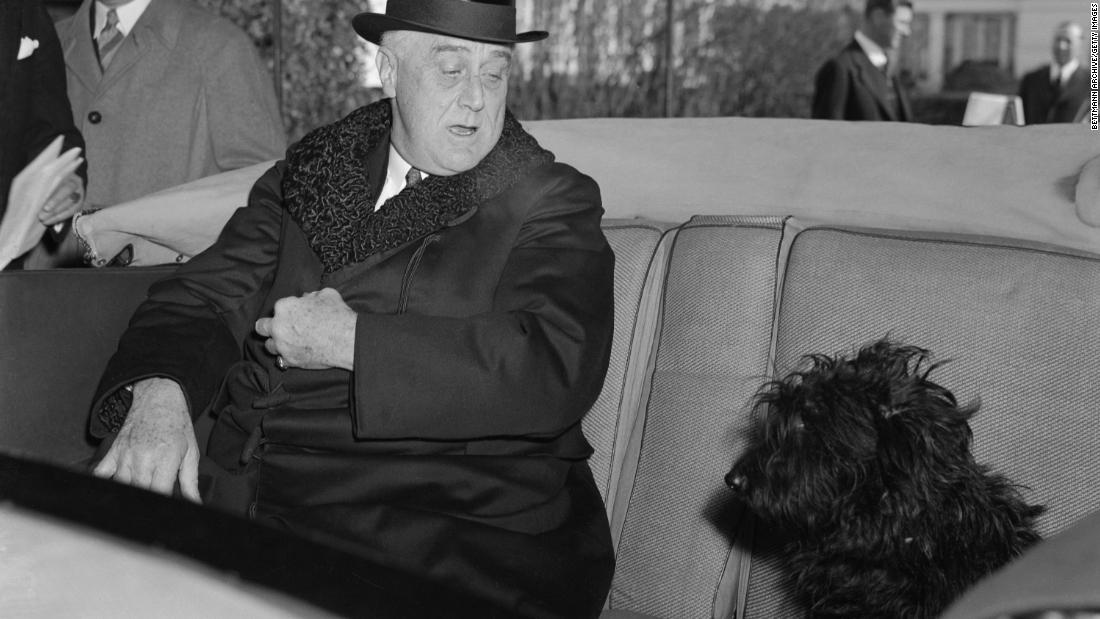 President Franklin D. Roosevelt is joined by Fala, his Scottish terrier, before going to his inauguration in 1941. Roosevelt had to break the news to Fala that he would not be attending the ceremonies.