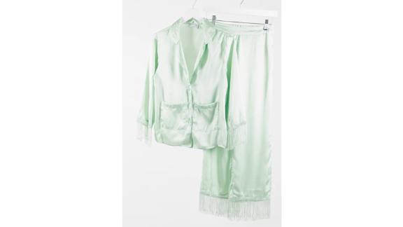 Asos Design Satin and Fringe Shirt and Pants Pajama Set