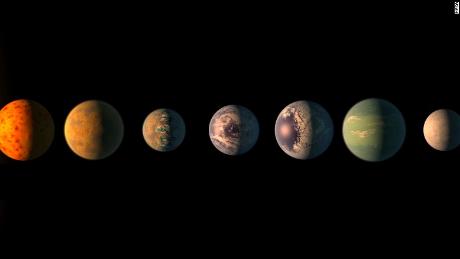 Cette illustration montre sept planètes TRAPPISTE, toutes à peu près de la taille de la Terre.