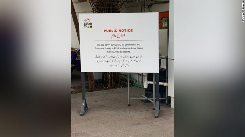 A sign at South City Hospital, a private hospital in Karachi which has stopped taking Covid-19 patients as all its ICU beds are full.