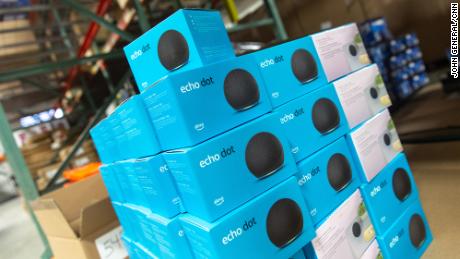 A number of returned Amazon products can be found in 888 Lots&#39; warehouse including this palette of Amazon Echo Dots.