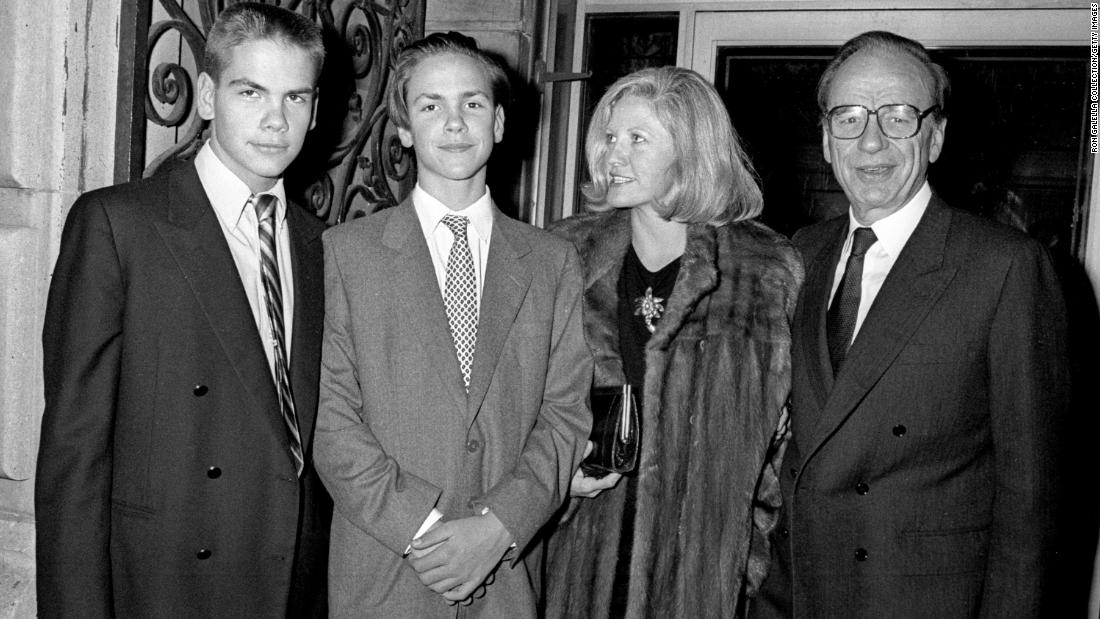 Murdoch is joined by his wife, Anna, and their sons — Lachlan, left, and James — as they attend the movie premiere of &quot;Broadcast News&quot; in 1987.
