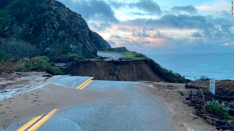 In this photo provided by Caltrans, a section of Highway 1 is shown collapsed.