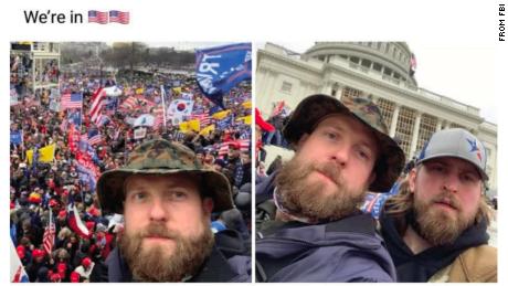 The FBI used this image and others from Nichols' Facebook page to establish what Nichols, in the camouflage hat, and Harkrider wore on January 6.