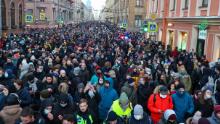 People take part in an unauthorized rally in support of Alexey Navalny in St.  Petersburg on Sunday.