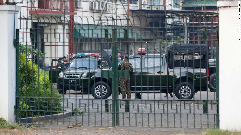 Military soldiers and vehicles are seen inside the state-run Myanmar Radio and Television office compound, in Yangon, on February 1, 2021. 