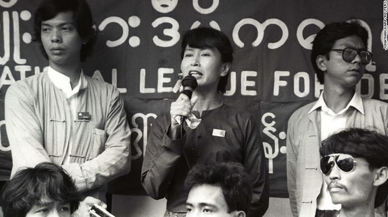 Suu Kyi addresses a crowd of supporters in Yangon in July 1989. About two weeks later, she was placed under house arrest and charged with trying to divide the military. She denied the charges.