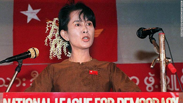 Suu Kyi addresses supporters in 1997, on the 49th anniversary of Myanmar's independence movement.