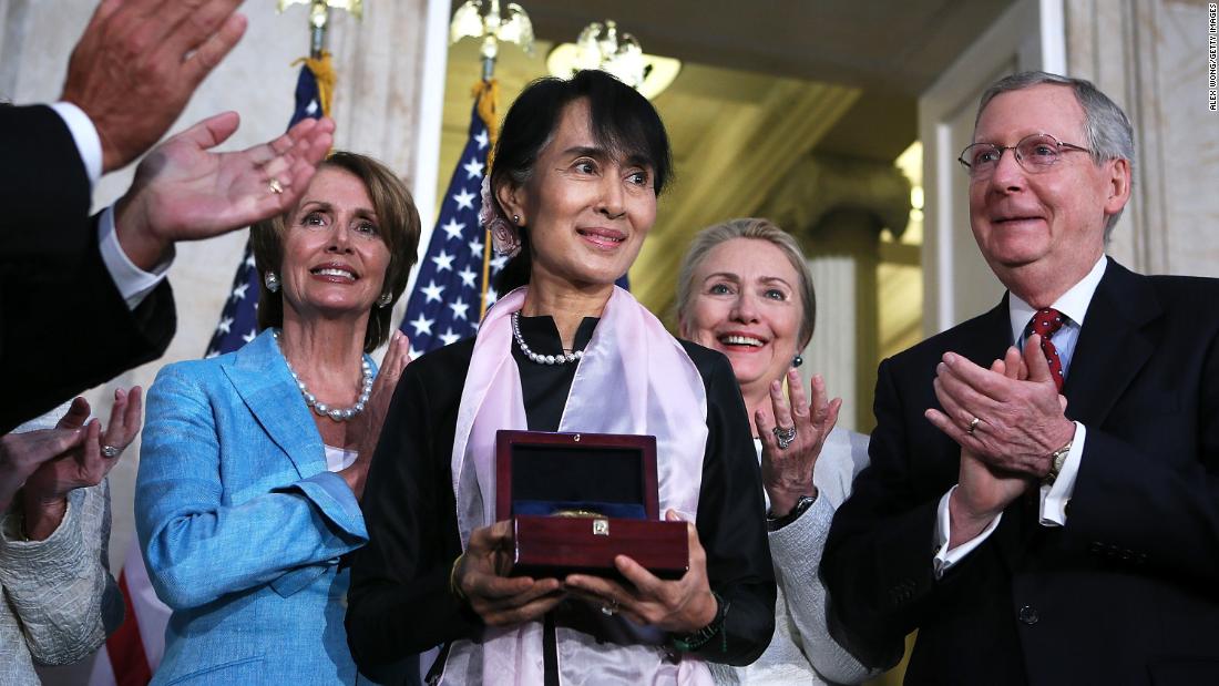 Suu Kyi is presented with the Congressional Gold Medal while visiting the US Capitol in 2012.