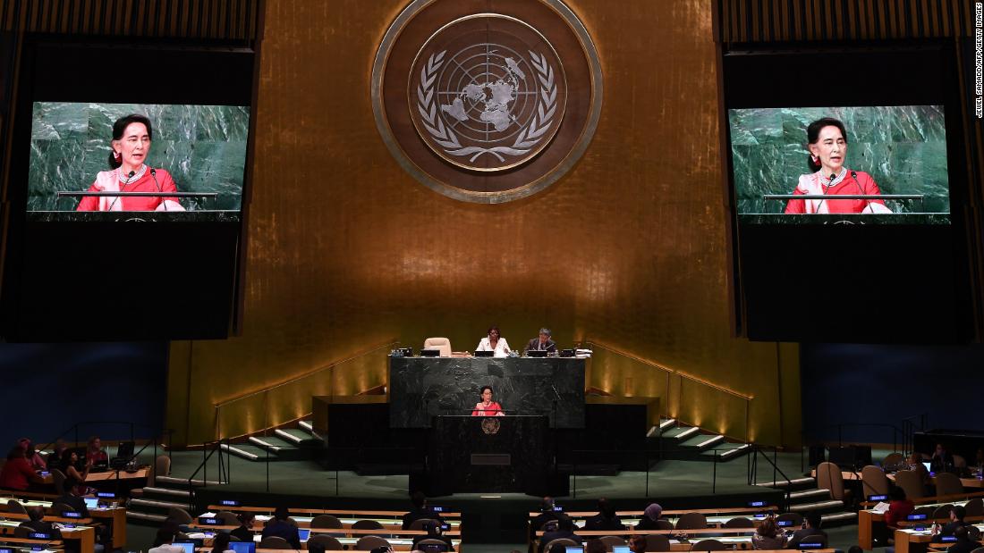 Suu Kyi addresses the United Nations General Assembly in New York in 2016.