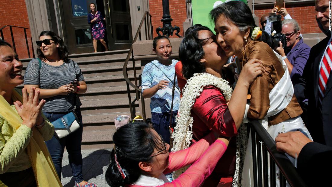 Supporters rush to greet Suu Kyi in Washington, DC, after she met with US Secretary of State John Kerry in 2016.