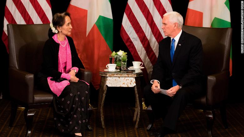 US Vice President Mike Pence meets with Suu Kyi on the sidelines of the ASEAN summit in Singapore in 2018.
