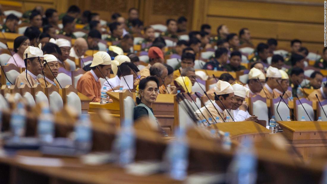 Suu Kyi and members of parliament take their positions during the presidential vote in Naypyidaw, Myanmar, in 2016. Htin Kyaw, Suu Kyi&#39;s longtime aide, was voted as president.