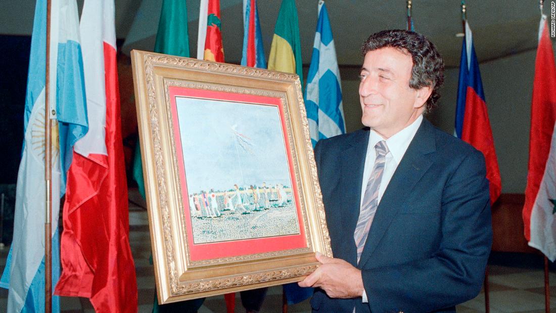 Bennett displays his watercolor painting &quot;Peace,&quot; which he donated to the United Nations in 1987. After his popularity waned in the 1970s, Bennett re-signed with Columbia Records in 1986 and began to revitalize his career. Throughout the 1980s and early 1990s, he found a new audience of young people and appeared on shows such as &quot;Late Night with David Letterman&quot; and &quot;The Simpsons.&quot;