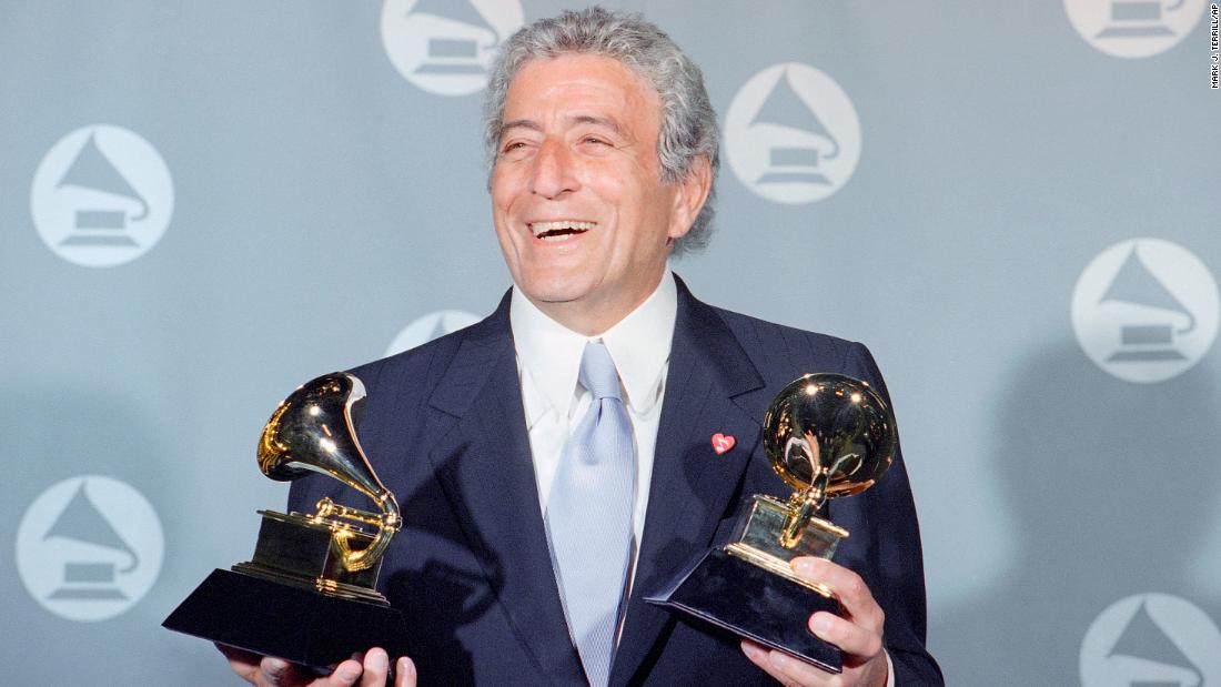 Bennett displays two Grammys he won in 1995. He won album of the year and best traditional pop vocal performance for &quot;MTV Unplugged.&quot;