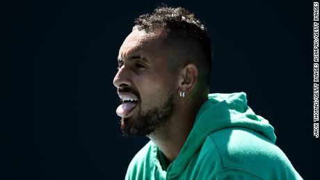 MELBOURNE, AUSTRALIA - JANUARY 31: Nick Kyrgios of Australia reacts during a practice session at Melbourne Park on January 31, 2021 in Melbourne, Australia. Melbourne Park is now out of lockdown mode following the end of the player and support staff quarantine period after arriving in Melbourne on International flights and they can resume a regular practice schedule ahead of lead in tournaments before the 2021 Australian Open. (Photo by Jack Thomas/Getty Images)