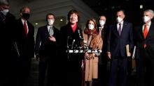 Sen. Susan Collins, R-Maine, speaking after meeting President Joe Biden and Vice President Kamala Harris to discuss a coronavirus relief package, in the Oval Office of the White House, Monday, Feb. 1, 2021, in Washington. (AP Photo/Evan Vucci)