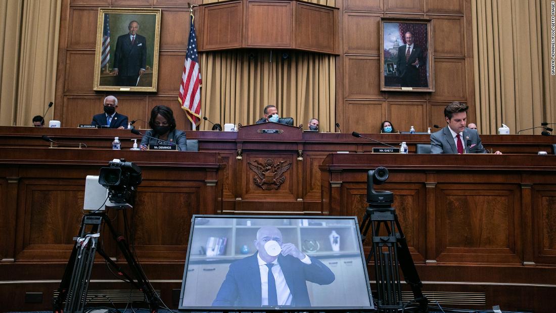 Bezos testifies before a House subcommittee during an antitrust hearing in July 2020. Other powerful tech figures, including Apple CEO Tim Cook and Facebook CEO Mark Zuckerberg, were also questioned about their competitive tactics.