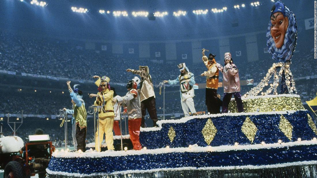 A Mardi Gras-themed float is part of the show in 1981, which took place inside the Louisiana Superdome.