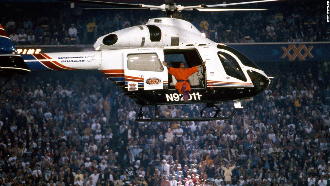 A helicopter picks up Diana Ross after she headlined the Super Bowl halftime show in 1996.