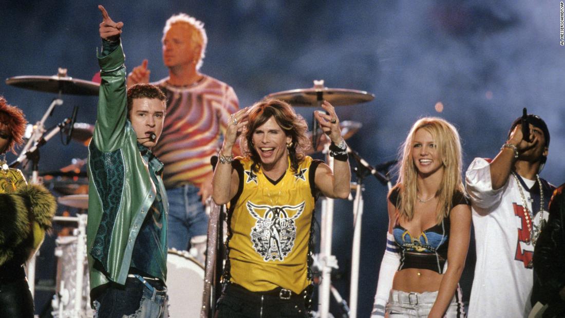 The 2001 halftime show brought together several stars from different musical genres. From left are Justin Timberlake, Aerosmith frontman Steven Tyler, Britney Spears and Nelly. Mary J. Blige also performed that year.
