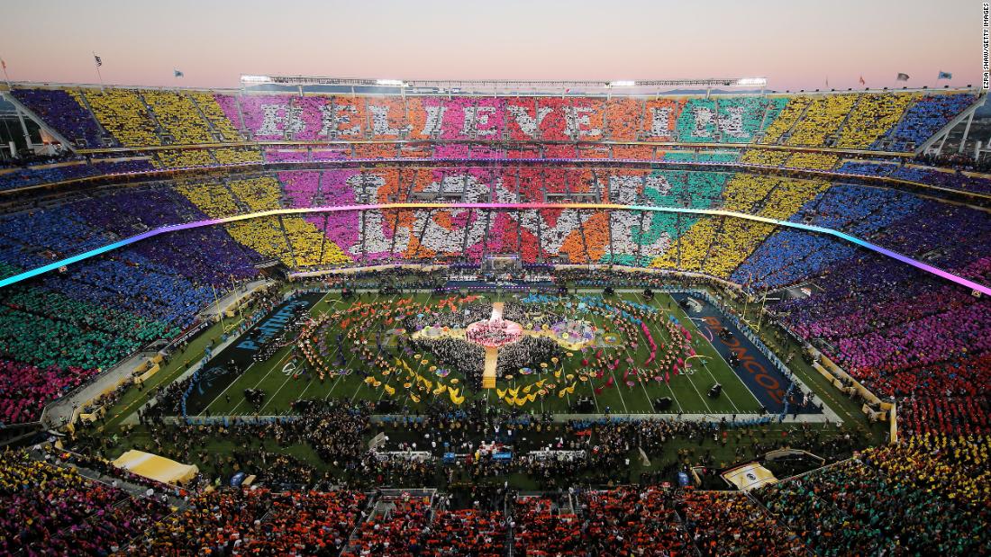 Fans take part in the 2016 show at Levi&#39;s Stadium in Santa Clara, California. The colorful display reads &quot;Believe in Love&quot; during a performance that combined Bruno Mars, Beyonce and Coldplay.