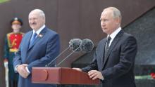 Russian President Vladimir Putin, right, and Belarus & # 39;  leader Alexander Lukashenko at a ceremony unveiling the Soviet Soldier Memorial near Rzhev, in Russia on June 30, 2020.