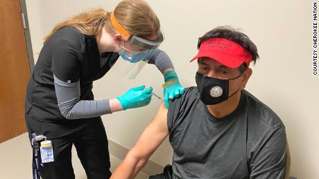 A citizen of the Cherokee Nation receives a Covid-19 vaccine on January 12, 2021.