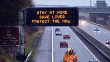 An illuminated motorway sign carries the & quot; Stay at Home & quot;  message, on January 10 in Dunfermline, Scotland.
