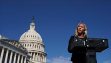 Rep. Marjorie Taylor Greene (R-GA) speaks during a press conference outside the U.S. Capitol on February 5, 2021 in Washington, DC. The House voted 230 to 199 on Friday evening to remove Rep. Marjorie Taylor Greene (R-GA) from committee assignments over her remarks about QAnon and other conspiracy theories.