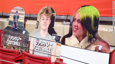 A cutout image of Billie Eilish is placed in the stands at the Super Bowl LV at Raymond James Stadium on February 7, 2021 in Tampa, Florida. 