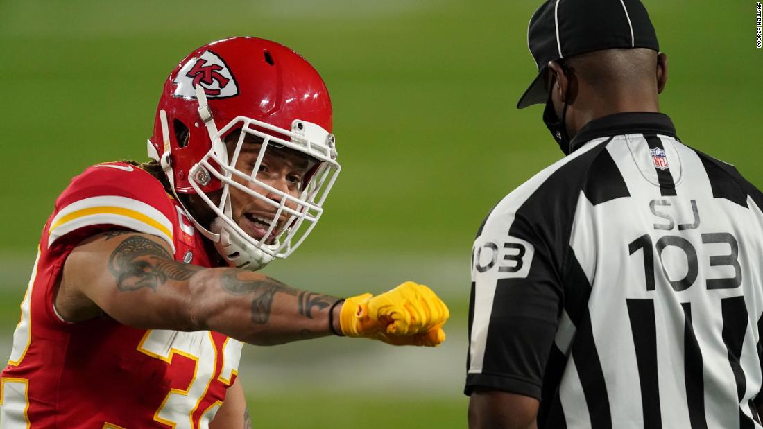 Kansas City safety Tyrann Mathieu reacts to a penalty late in the first half. Tampa Bay would score a touchdown on the possession. The Chiefs had 95 penalty yards in the first half -- a Super Bowl record for any team in a single half.