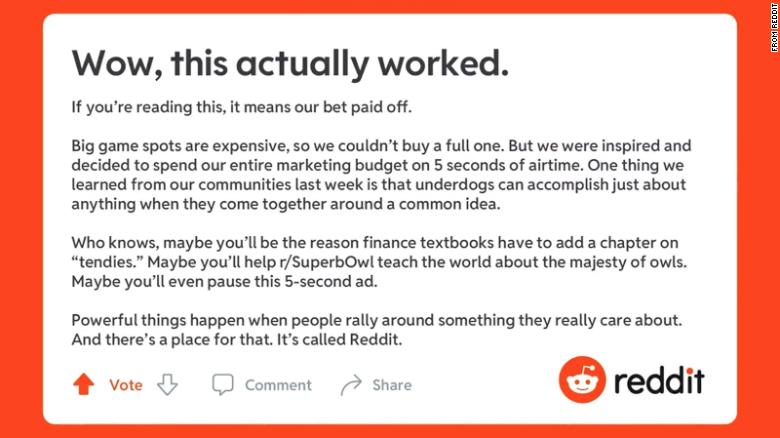 Reddit really did run a Super Bowl ad — and it referenced when its users disrupted Wall Street