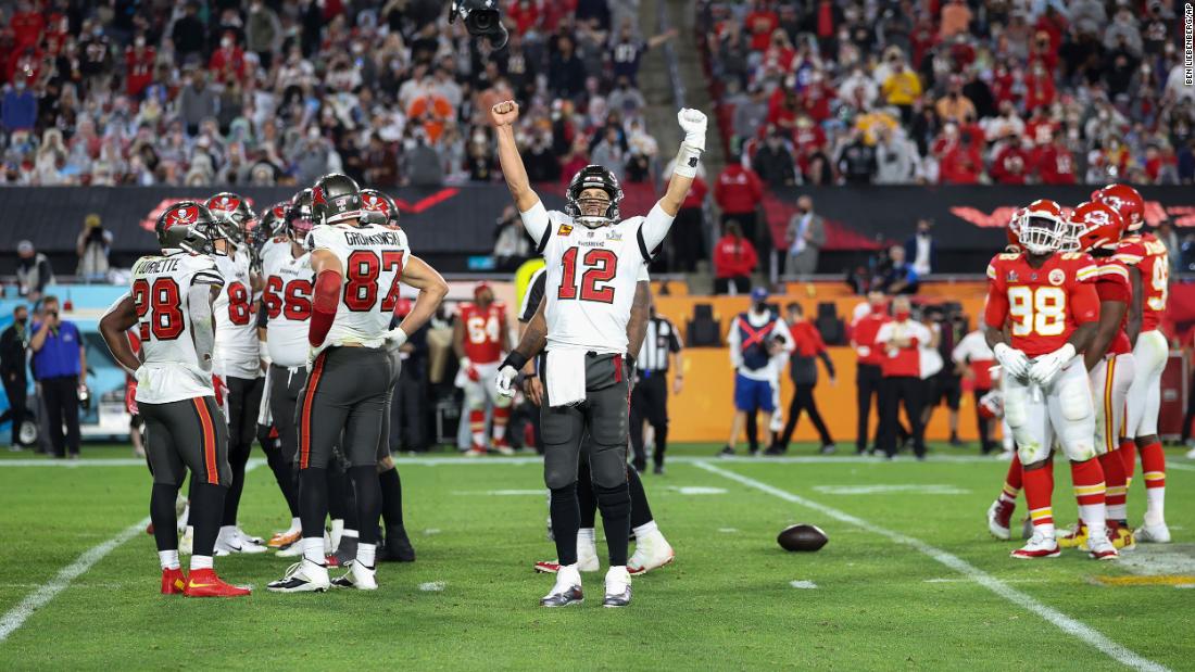 Brady celebrates at the end of the Buccaneers&#39; win over Kansas City in Super Bowl LV.