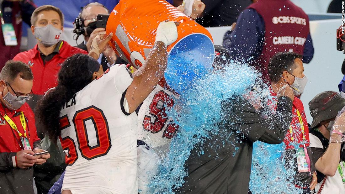 Players dump Gatorade on Tampa Bay head coach Bruce Arians. This is Arians&#39; first title as a head coach. It was the Buccaneers&#39; second title in franchise history.