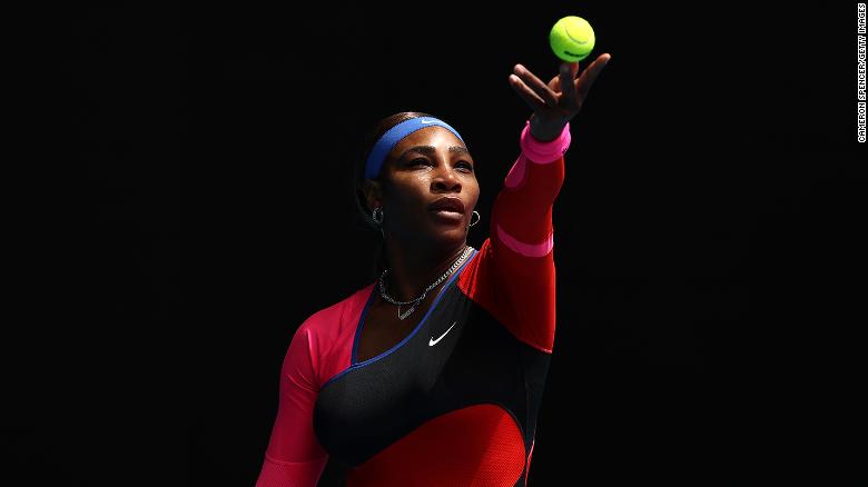 Serena Williams serves against Laura Siegemund at the Australian Open.