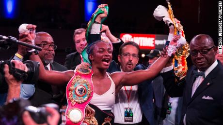 ATLANTIC CITY, NJ - APRIL 13: Claressa Shields reacts after defeating Christina Hammer (not pictured) and becoming the women&#39;s undisputed middleweight champion at Atlantic City Boardwalk Hall on April 13, 2019 in Atlantic City, New Jersey. (Photo by Mitchell Leff/Getty Images)