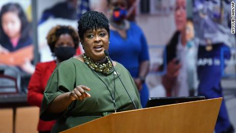 New Superintendent Lisa Herring of the Atlanta Public Schools speaks after she was sworn in during a ceremony at the Atlanta Public Schools Headquarters.